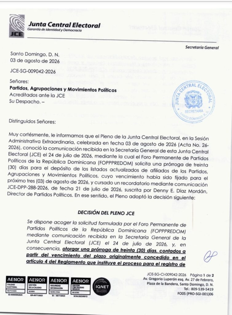 La JCE otorga prórroga hasta el 2 de septiembre para el depósito de los padrones de afiliados de los partidos políticos 1 WhatsApp Image 2026 08 04 at 8.50.55 AM